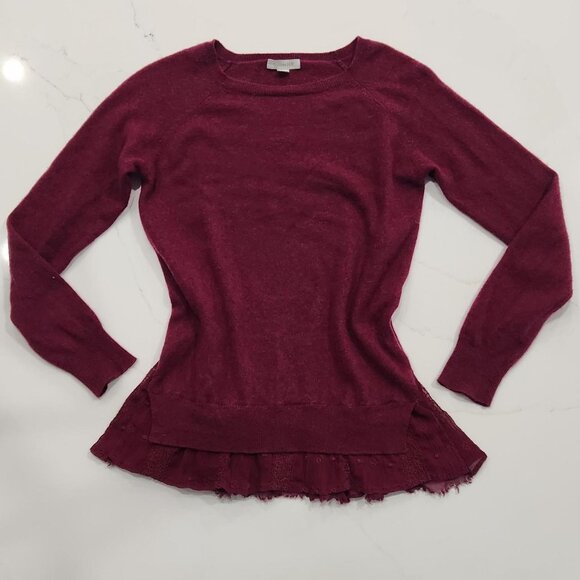 Garnet Hill Cashmere Sz XS Sweater Wine Shirttail Lace Trim Pullover Soft Luxury - Picture 1 of 12